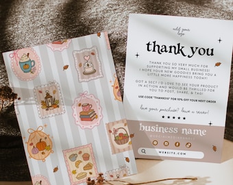 Coquette Fall Business Thank You Card Canva Template, Editable Autumn Customer Package Insert