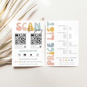 Retro Scan to Pay Schild & Preisliste Vorlage, QR-Code-Zeichen, druckbares Zahlungsschild, Zeichen für akzeptierte Zahlungen, Preisblatt, Preisführer - Amy
