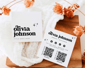 May include: Two square white business cards with black text and star icons. One card displays the name Olivia Johnson and title. The other card lists the name, owner designer title, contact details, social media icons, and two QR codes.