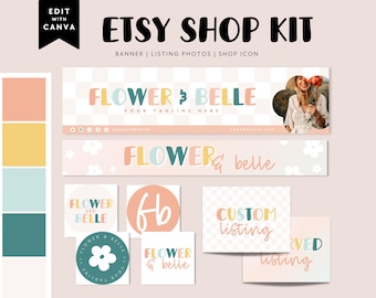 Rainbow Etsy Shop Template Canva, Pastel Etsy Banner Checkered Etsy Shop Branding Colorful Etsy Store Branding Pastel Rainbow Branding -Cali