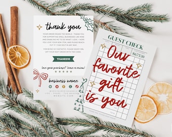 Guest Check Christmas Business Thank You Card Canva Template, Editable Trendy Customer Thank You Business Packaging, DIY Cute Fun Thank You
