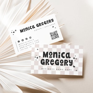 Retro Business Card Canva Template, Printable Groovy Business Card, Checkered Cute Business Branding, Funky QR Code Scannable - Millie
