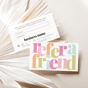 Rainbow Refer A Friend Business Card Canva Template, Printable Fun Cute Referral Discount Card, Client Referral Card Editable Reward - Mel
