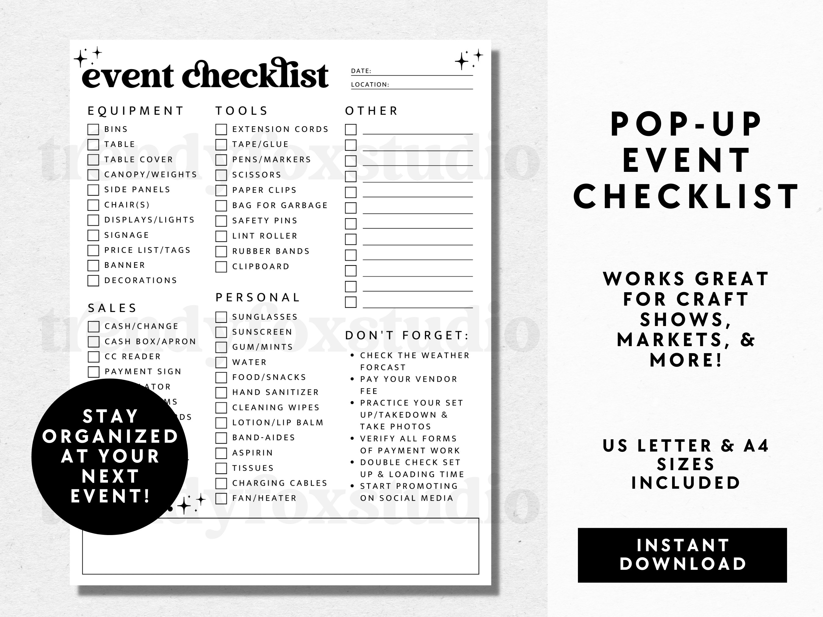 Pop-Up Shop Checklist, Vendor Event Planner, Craft Show Checklist, Checklist for Vendor Booth, Flea Market Checklist, Booth Checklist - Dani