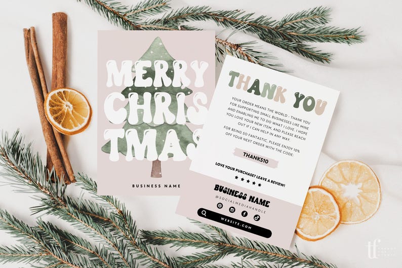 Retro Holiday Business Thank You Card Canva Template, Printable Christmas Thanks For Your Purchase Card, Package Insert Groovy Christmas image 1