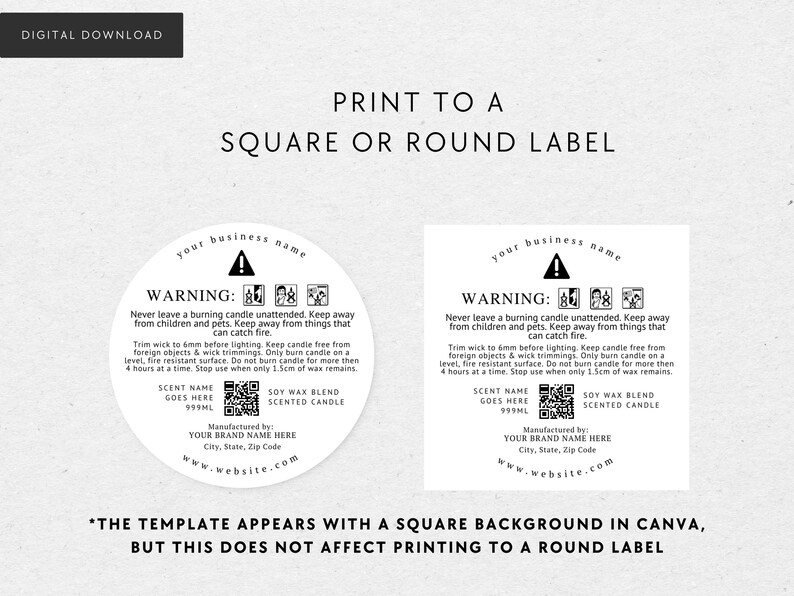 Candle Warning Label Template With Scent Name Metric, Digital Download