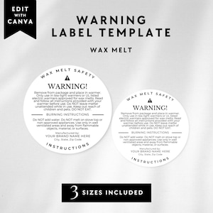 Wax Melt Warning Label Template, Digital Download, Editable Label Template Design, Wax Melt Safety Sticker Template, Burning Instructions