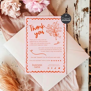 Coquette Floral Bow Business Thank You Card Canva Template, Cute Printable Thanks For Purchase, Trendy Wavy Border Insert Postcard Cielo