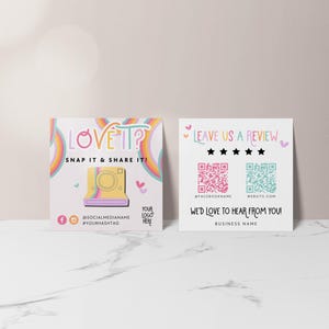 Pastel Rainbow Snap and Share Card Canva Template, QR Code Business Card, Follow Us On Social Media, Leave us a Review Card Template - Amara