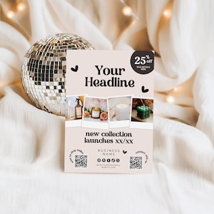 Op de afbeelding: Een promotieflyer met de kop "Your Headline" en afbeeldingen van kaarsen. De flyer bevat de tekst "new collection launches xx/xx" en een 25% kortingsaankondiging. Social media-handles en website-informatie worden ook weergegeven.