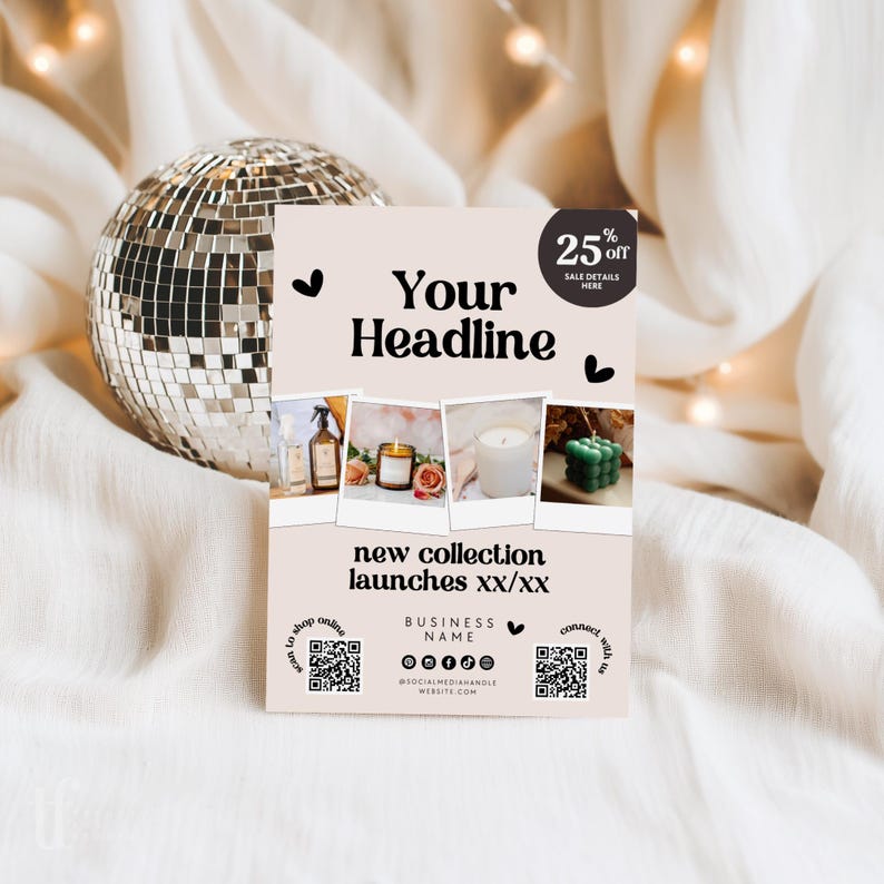 Op de afbeelding: Een promotieflyer met de kop "Your Headline" en afbeeldingen van kaarsen. De flyer bevat de tekst "new collection launches xx/xx" en een 25% kortingsaankondiging. Social media-handles en website-informatie worden ook weergegeven.