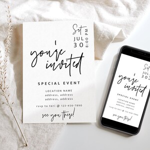 Modèle d'invitation d'entreprise moderne, invitation à un événement spécial, numérique, vous êtes invité, modèle d'invitation IG Story, invitation texte Canva-Skye