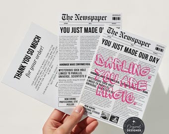 Cute Newspaper Thank You Card Canva Template, Trendy Editable Package Insert Postcard, Thanks For Purchase Card Mailer, Business Marketing