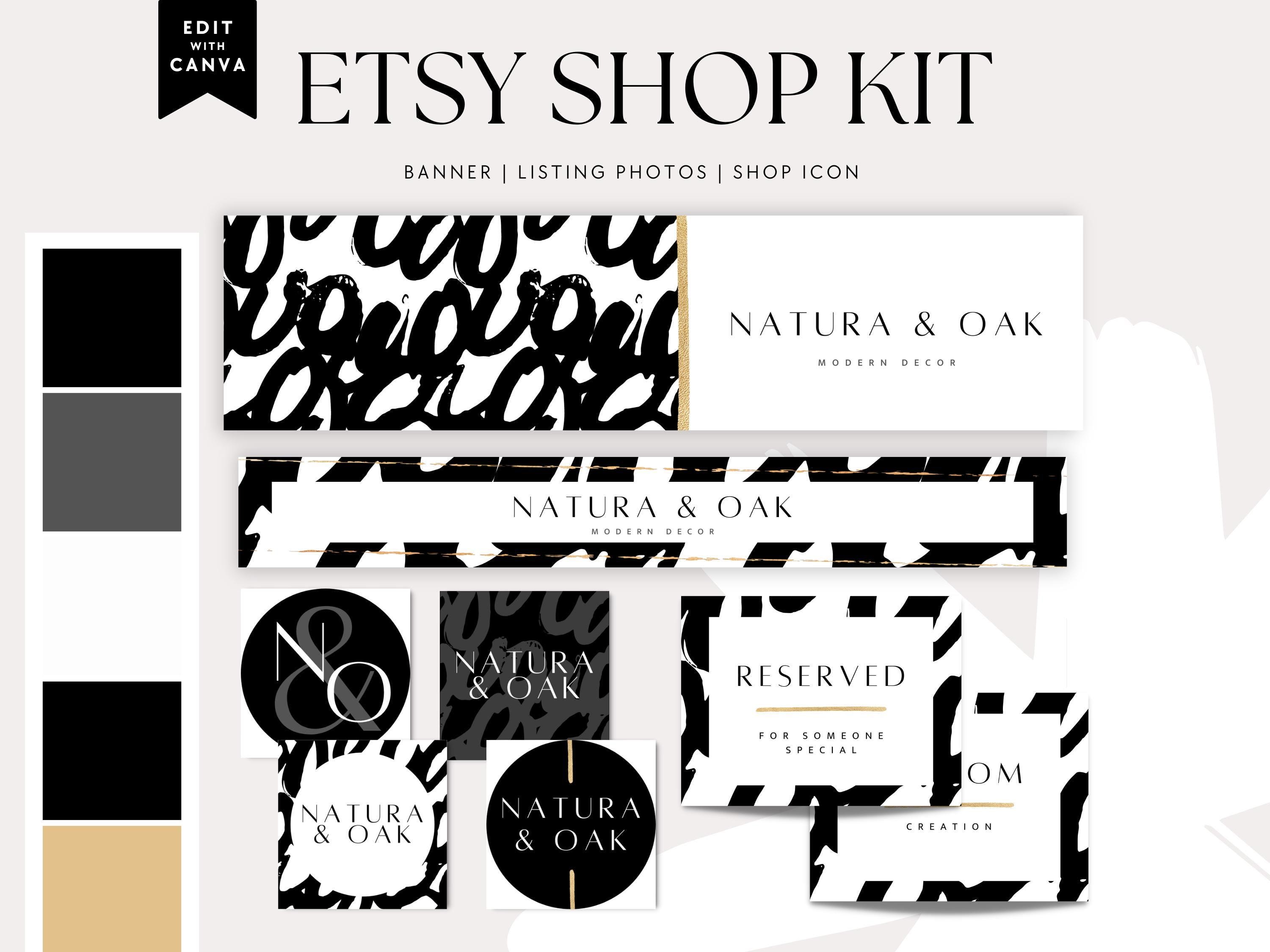 Modern Black & White Etsy Shop Bundle Canva Template, Etsy Banner, DIY ...