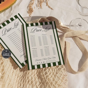 Prijslijst Canva-sjabloon met oud geld, afdrukbaar prijsmenu met vintage strepen, bewerkbaar prijsblad, prijsgids met QR-code - Lorna