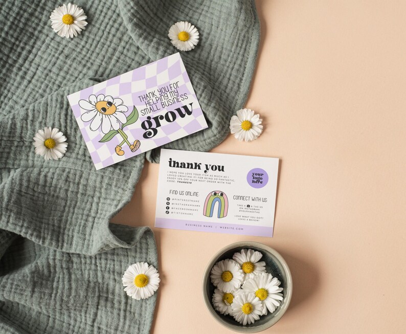 Retro Daisy Thank You Card Canva Template, Editable Cute Business ...