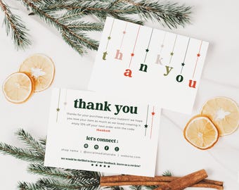 May include: Two white rectangular thank you cards with festive graphics. One card features the text thank you in hanging letters with stars. The second card includes the text thank you, social media icons, and a five-star review graphic.