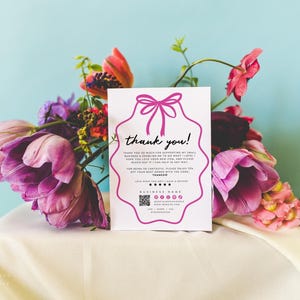 Coquette Bow Business Thank You Card Canva Template, Cute Printable Thanks For Purchase, Trendy Wavy Border Package Insert QR code Postcard