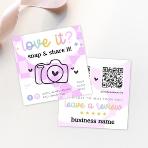 Cute Rainbow Snap and Share Card Canva Template, QR Code Business Card, Follow Us On Social Media, Leave us a Review Card Template - Lulu