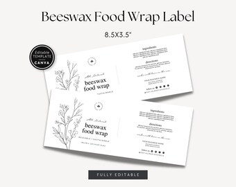 Pode incluir: Um modelo de etiqueta retangular branca para embalagens de cera de abelha com um desenho de linha preta de flores silvestres à esquerda. O texto inclui 'beeswax food wrap', 'Ingredients', 'Directions' e espaços para detalhes da empresa. Mede 21,6x8,9 cm.