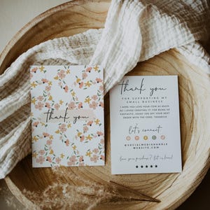 Plantilla de tarjeta de agradecimiento empresarial editable en colores pastel, tarjeta de felicitación floral vintage, tarjeta de inserción de paquete imprimible, inserción de agradecimiento del Día de la Madre