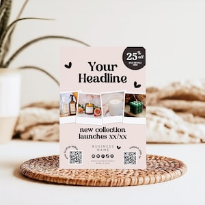 Op de afbeelding: Een promotieflyer op een geweven mat toont de tekst "Your Headline" en "New Collection Launches XX/XX." De flyer bevat afbeeldingen van kaarsen en sprays. Er wordt 25% korting aangeboden. Een plant in een pot en decoratieve items staan op de achtergrond.
