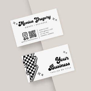 Black White Business Card Canva Template, Printable Business Card Design, QR Code Business Card, Bold Retro Business Card, Trendy Lightning