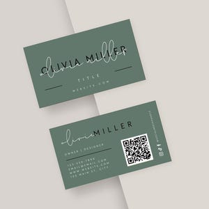 Sage Business Card Canva Template, Printable Elegant Business Card Design with QR Code, Modern Feminine Editable Business Card -Stella