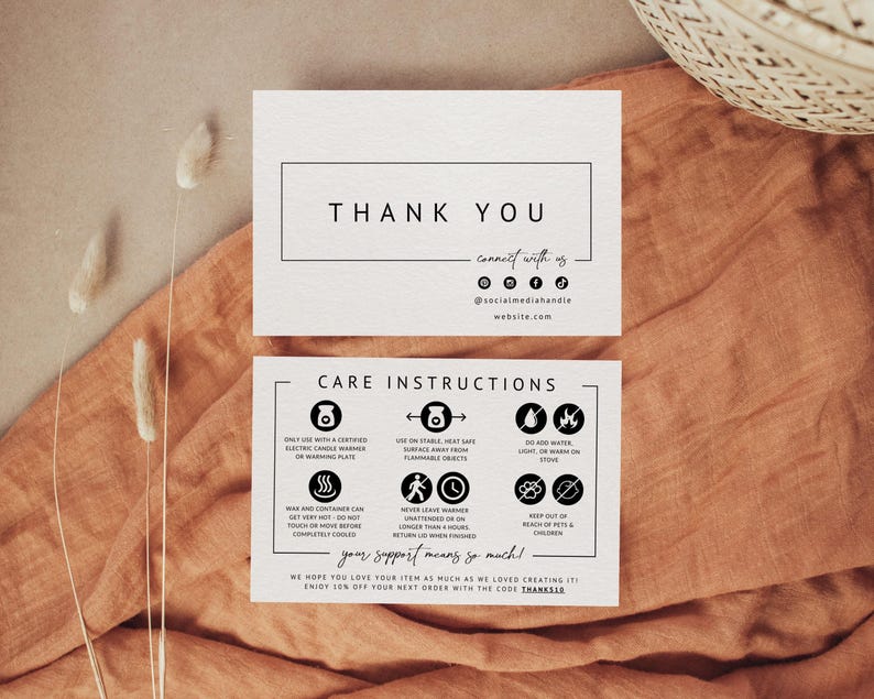 Modern Wickless Candle Care Card Template with Icons, Candle Instructions, Editable Thank You Card, Candle Business Package Insert - April image 3