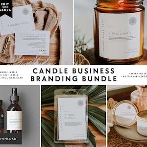 May include: A candle business branding bundle featuring editable templates for candle labels, wax melt labels, thank you cards, care cards, warning labels, and room spray bottle labels with minimalist white text and grey accents.