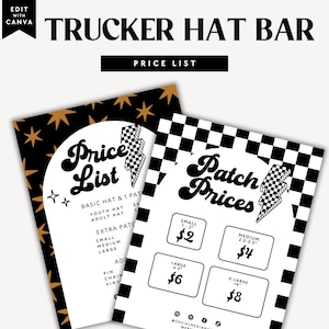Hat Bar Price List Canva Template, Editable Hat Bar Patch Printable Price List Sign, Hat Menu Price Sheet, Hat Bar Branding Signs - DC35