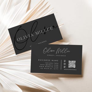 Modern Black Business Card Canva Template, Printable Business Card with QR Code, Scannable DIY Business Calling Card Template - Ayla