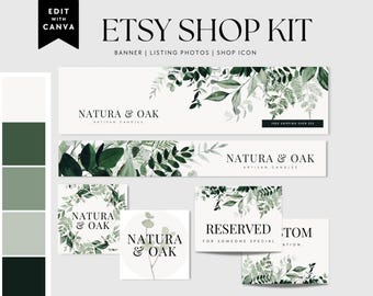 Greenery Etsy Shop Kit, Etsy Banner Template, Etsy Store Branding, Editable Etsy Store Banner, DIY Botanical Shop Banner and Profile Icons