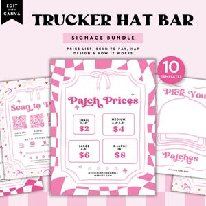 Trucker Hat Bar Signage Canva Template, Editable Hat Instruction, Printable Price List Scan to Pay Sign Hat Bar Branding Patch Pricing -DC37