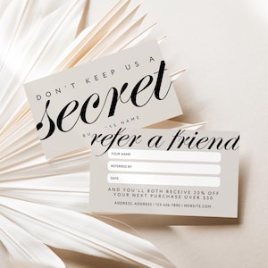 Aesthetic Refer A Friend Business Card Canva Template, Modern Printable Referral Discount Coupon Card, Editable Client Rewards Card - Wyn