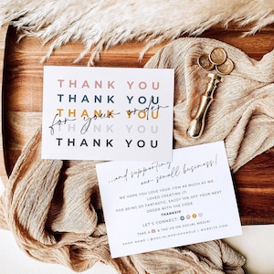 May include: Two white rectangular cards with black and colored text. The top card reads THANK YOU in repeating rows with the script text for your order overlaid. The bottom card includes text about supporting a small business and social media icons.