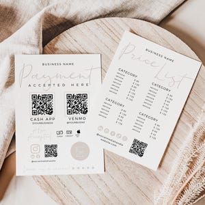 Elegant Scan to Pay Sign & Price List Template, QR Code Sign, Pricing Sheet, Printable Payment Sign, Accepted Payments + Price Guide - Carli