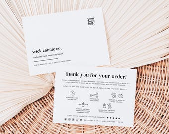 May include: Two white rectangular cards with black text. The top card features 'wick candle co.' and 'your logo here'. The bottom card displays 'thank you for your order!' with candle care instructions, safety icons, and a five-star rating graphic.