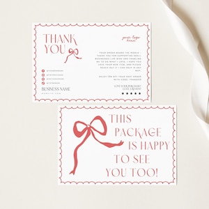 Coquette Bow Business Thank You Card Canva Template, Cute Printable Thank For Purchase, Trendy Wavy Border Package Insert Postcard Whimsical
