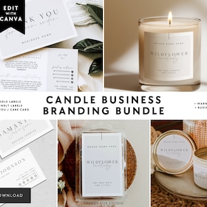 Candle Business Branding Bundle Canva Template - Candle Label Wax Melt Label, Thank You & Care Card, Business Card, Warning Label - Casey