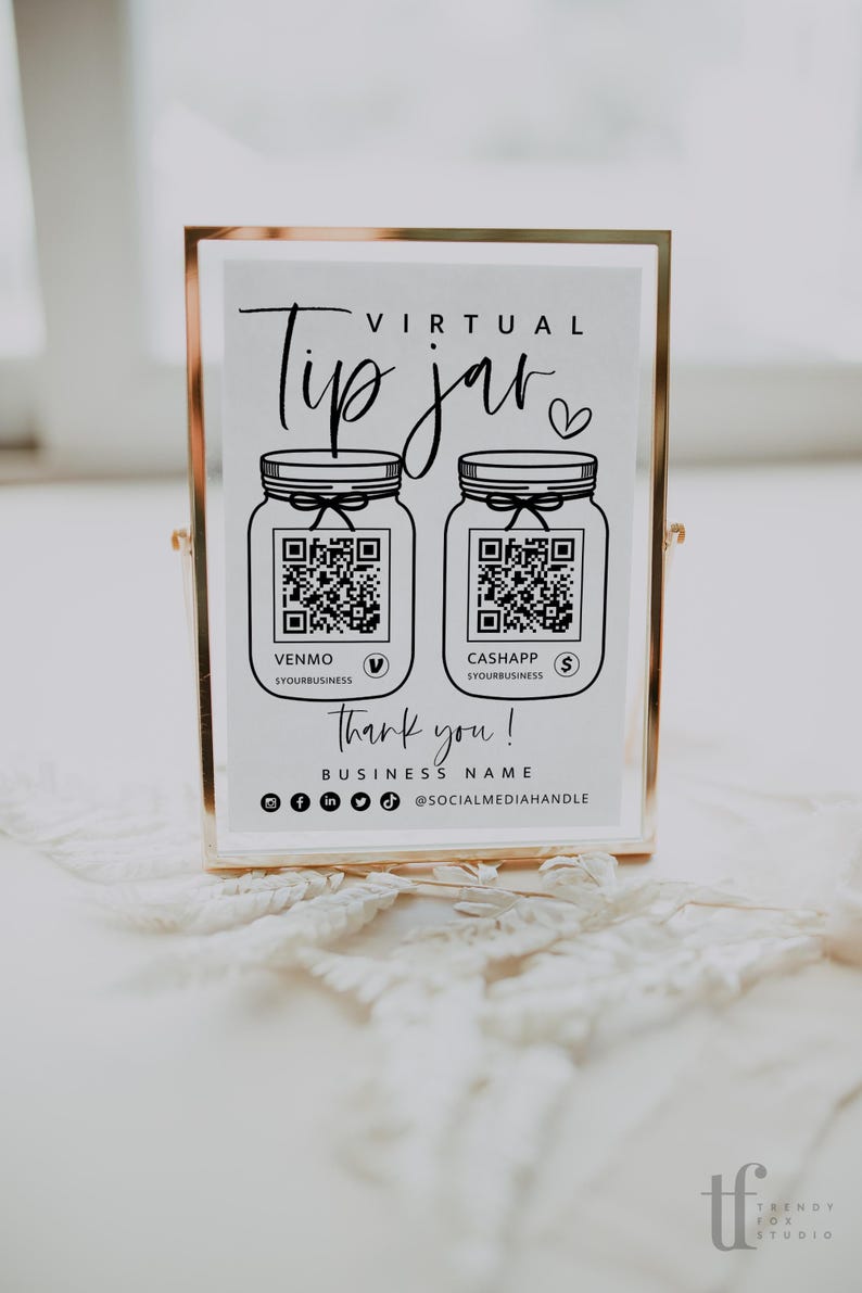 Druckbares Virtuelles Trinkglas Venmo Zahlungsschild, QR-Code-Schildvorlage, bearbeitbare Tipps akzeptiert Zeichen Canva Vorlage, Sofortiger Download - Gwen Bild 2