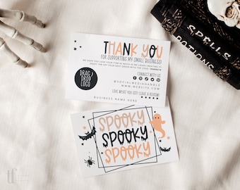 May include: Two rectangular white business cards with black and peach text and graphics. One card reads THANK YOU FOR SUPPORTING MY SMALL BUSINESS, the other features the text SPOOKY SPOOKY SPOOKY with a ghost, bats, and a spider illustration.