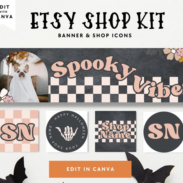 Retro Halloween Etsy Banner Canva Template, Etsy Store Branding Editable Halloween Shop Banner, Groovy Etsy Store Cover Spooky Shop Branding