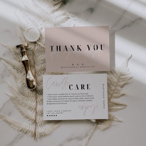 EDITABLE Business Thank You Card Template, Modern Candle Care Card, Neutral Candle Instructions Card, Package Insert, Canva Template - Emory