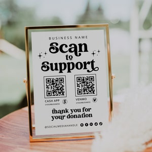 Retro Scan to Support Sign Template, QR Code Sign, Printable Donation Sign, Scan to Donate Sign CashApp Paypal Sign Payment Here Sign - Dani