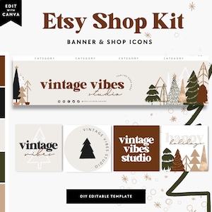 Holiday Etsy Shop Kit Canva Template, Boho Christmas Etsy Banner, Etsy Store Branding, Editable Etsy Store Banner,  Etsy Store Slider