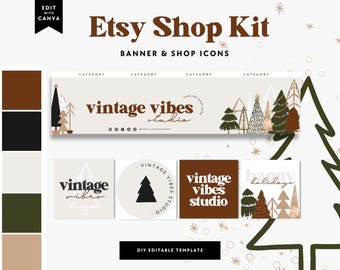Holiday Etsy Shop Kit Canva Template, Boho Christmas Etsy Banner, Etsy Store Branding, Editable Etsy Store Banner,  Etsy Store Slider