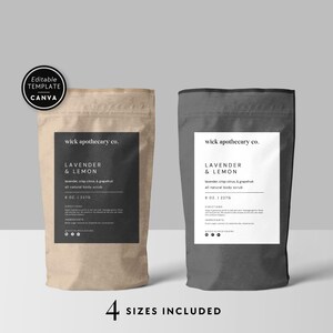 Peut inclure: Deux sachets debout pour gommage corporel, un brun clair et un gris foncé. Chaque étiquette indique Wick Apothecary Co., Lavender & Lemon, 8 oz. | 227g, directions, ingrédients et icônes de réseaux sociaux. Un badge Canva est visible.