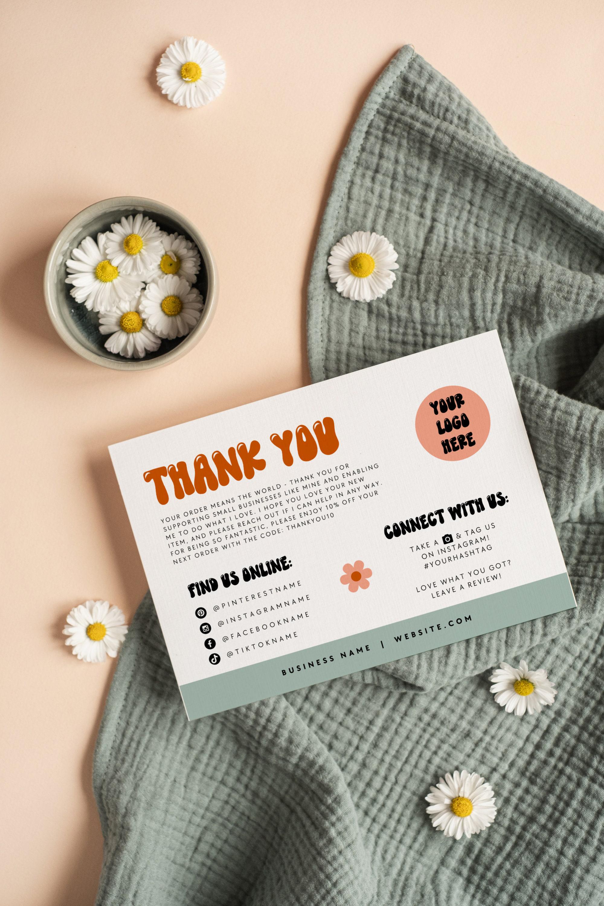 Retro Daisy Thank You Card Template, Editable Small Business 70s Groovy ...