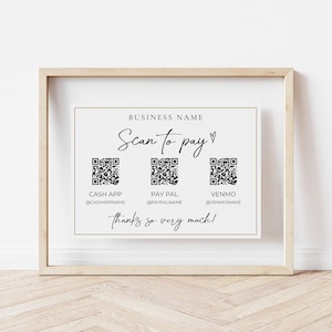 Afdrukbaar betalingsbord, Canva-sjabloon met QR-code, bord met scannen en betalen, bord met geaccepteerde betalingen, bord met CashApp Paypal Aanpasbare QR-code Evie